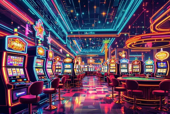 Karamba Casino mit Neonlichtern und Spielautomaten